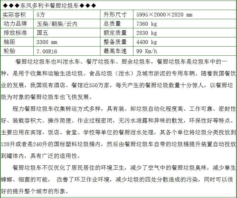 東風(fēng)多利卡5方餐廚垃圾車配置參數(shù)